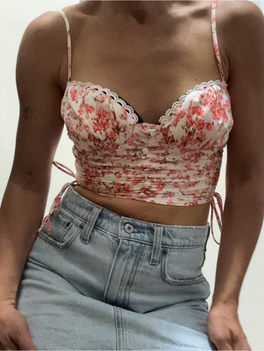 Princess Polly Coral Floral Ruched Camisole on Cream
